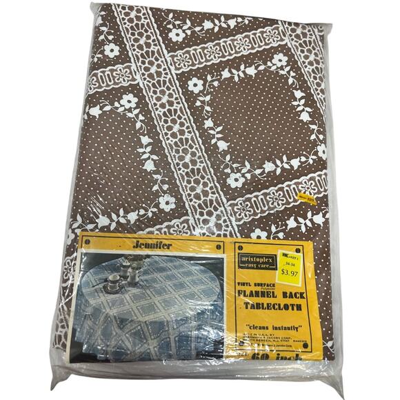 Vtg Aristoplex Vinyl Surface Flannel Back "Jennifer" Tablecloth 60" Round RARE!! - Picture 1 of 6